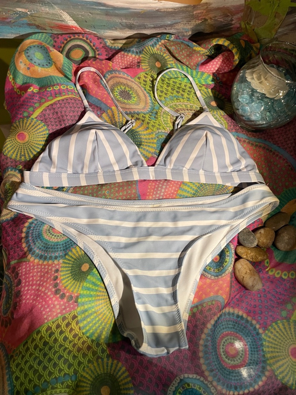 Striped Light Blue & White Bikini Set - Classic Triangle Top